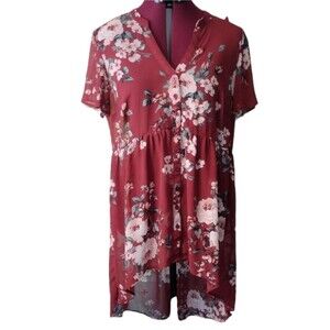 Torrid size 0 / L sheer brown floral button-down V-neck Blouse drop hemline